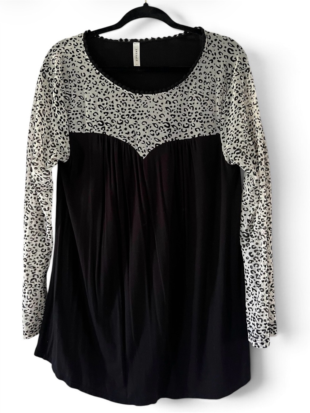 Emerald Black Long Sleeve Tunic with White Leopard Mesh